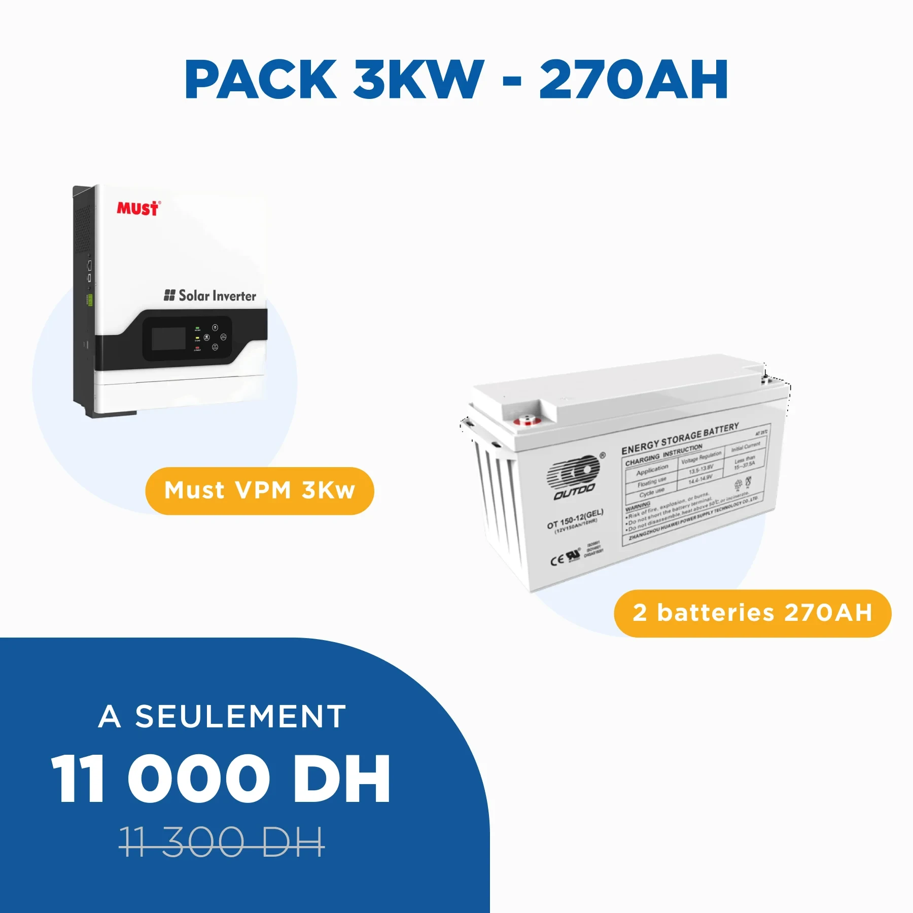 Pack - Batterie solaire 270 AH et Onduleur Hybride 3KW VPM